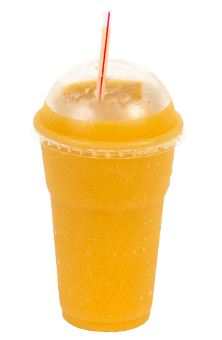 A glass of orange juice with ice and a slice of orange