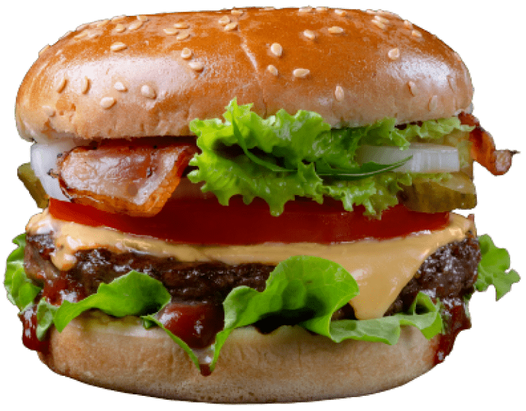 A photo of a big and juicy burger with a patty, cheese, lettuce and tomato on a sesame bun.