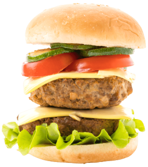 A photo of a burger and a drink on a wooden table.
