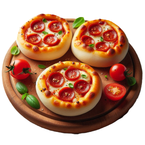 A tray of mini pizzas with pepperoni, cheese and tomato sauce