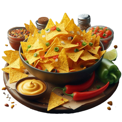 A plate of nachos with cheese, salsa, guacamole and sour cream