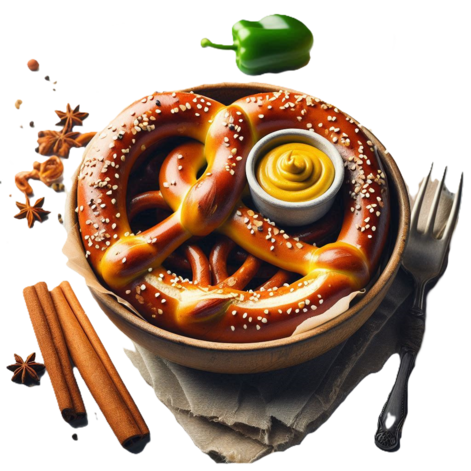 A bag of pretzels with mustard dip