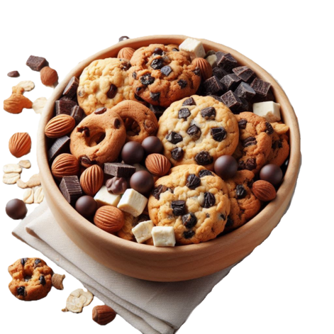 A box of cookies with chocolate chips, oatmeal and raisins